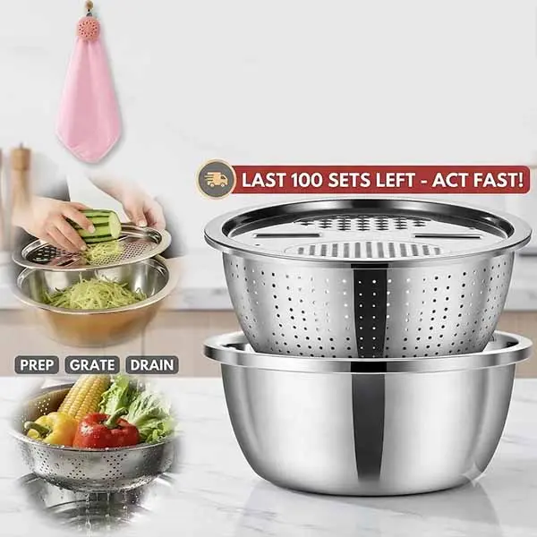 Clearance Sale] 3-in-1 Stainless Steel Grater & Colander Meal Prep Bowl Set