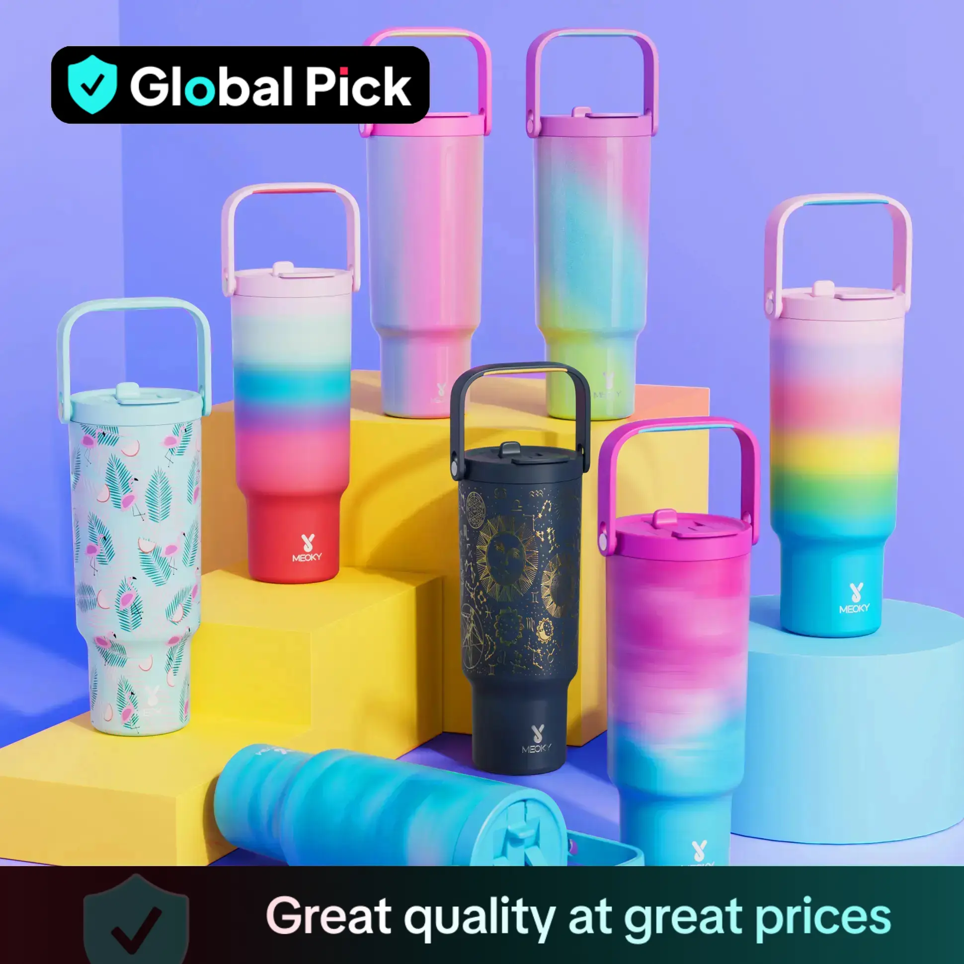 【Meoky】32oz&40oz Double-mouth Handle Tumbler, Direct Drinking Mouth and Straw Mouth, Replaceable Plastic Handle & Braided Handle, Leak-proof Insulated