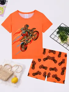 Boy's Motorcycle Print Tee & Shorts Pajama Set, Casual Comfy Round Neck Short Sleeve T-shirt & Shorts Pj Set, Kids Sleepwear for Summer, Cartoon Print Pajama