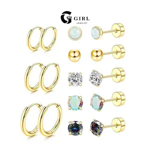 GGIRL 8 Pairs/Set 14k Gold Plated Flat Back Anti-Allergenic Earrings Set for Women Men Durable Stainless Steel Small Earring Stud Simple Glossy Cartilage Hoop Earring for Multiple Piercing Matching daily Stacked Ear Jewelry Set Perfect for Gift Giving