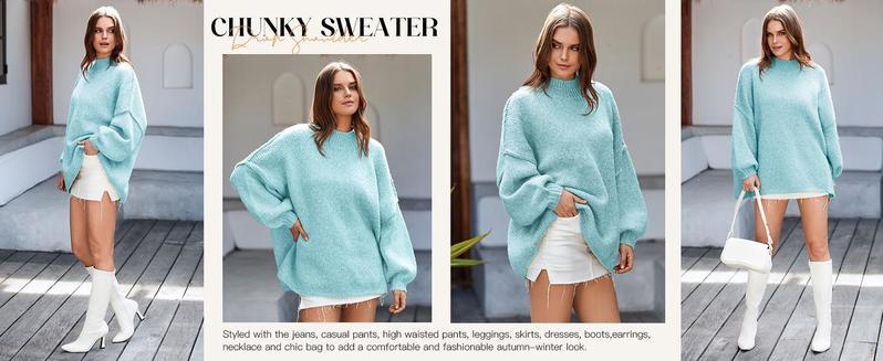 Imily Bela【Oversized】Womens Sweaters Mock Neck Batwing Long Sleeve Fall Trendy Ribbed Knit Casual Tunic Sweater