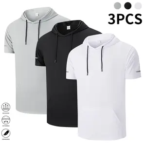 3-pack men’s hooded athletic T-shirts with kangaroo pocket, breathable quick-dry fabric, suitable for running and workouts, indoor fitness, solid color, men’s sports short-sleeve T-shirt, summer menswear, summer short sleeves, menswear