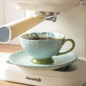 Bohemian Style Relief Ceramic Coffee Cup Set, Glazed Vintage Mug and Saucer, Retro Design, Perfect for Home and Office Use