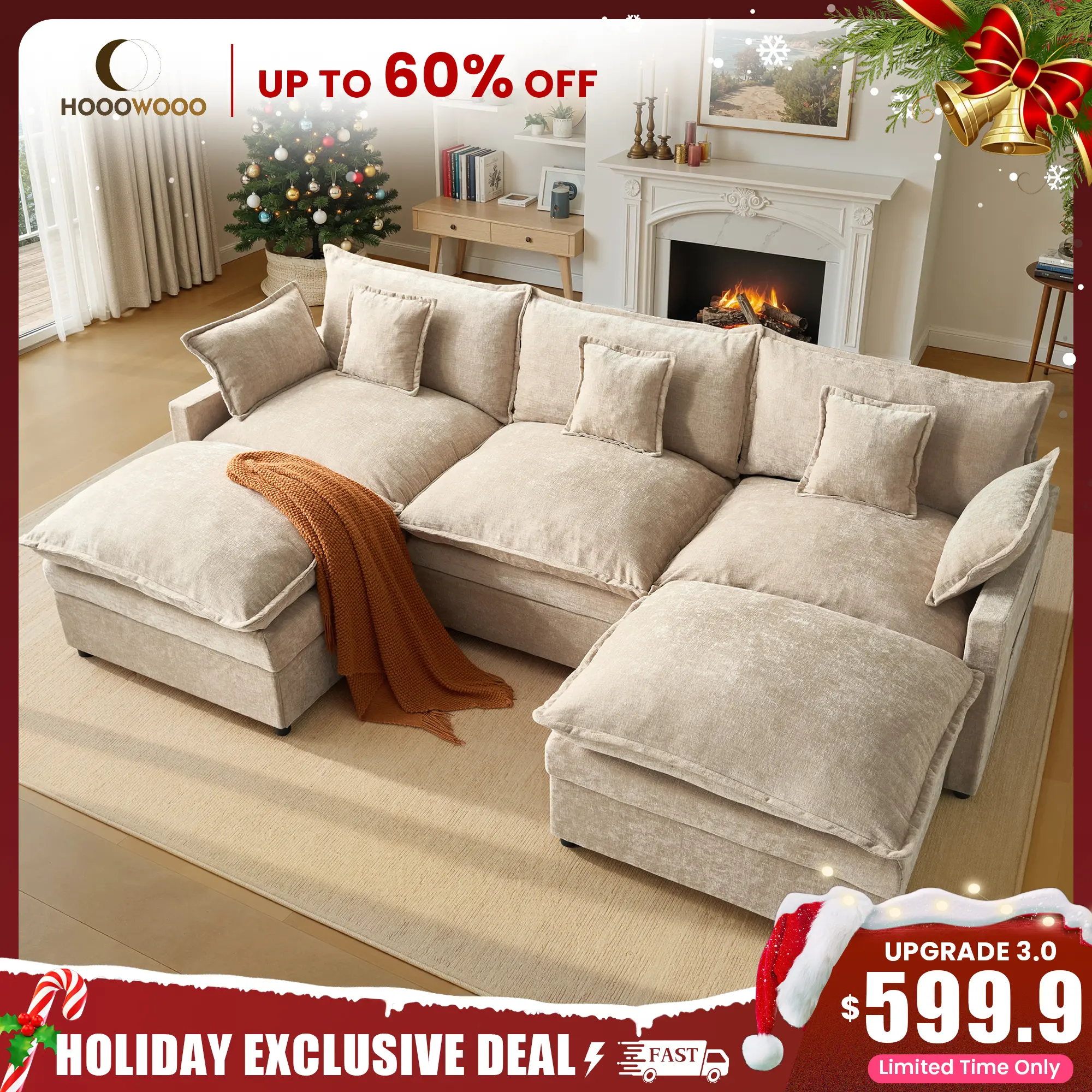 HOOOWOOO 108" Oversized U-Shaped Modular Sectional Sofa with 2 Movable Ottoman, Comfy Chenille Deep Seat Sofa Bed with 5 Pillows for Living Room, Bedroom and Apartment, 5-Seater【2 / 3 Packages Shipping】