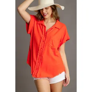 Umgee Full Size Linen Blend Button Down Short Folded Sleeve Shirt Plus Size
