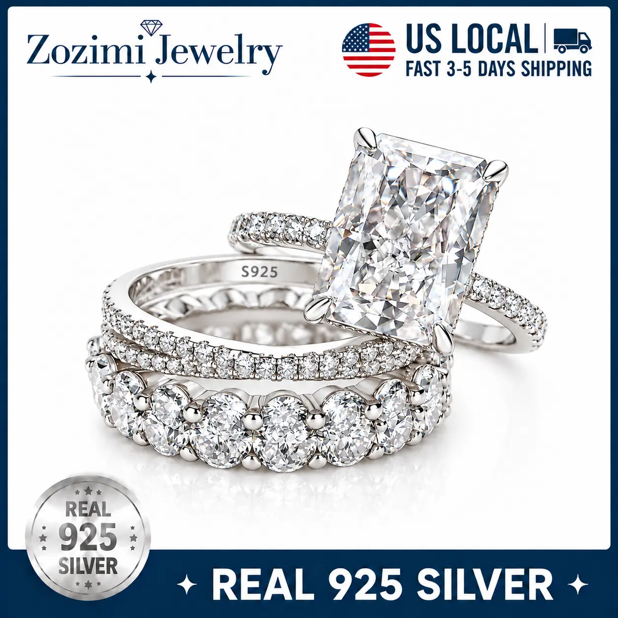 S925 Sterling Silver 4.0ct Radiant Cut 4PCS Stackable Ring Set for Women, Sparkling Cubic Zirconia Engagement Ring with Eternity Bands, Luxury Diamond Look Bridal Wedding Ring Set, Elegant Silver Multi-Layer Stacking Rings