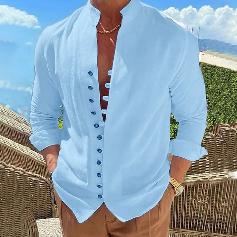 Men’s linen blend breathable stand collar solid color classic long-sleeve shirt, casual vacation style single-button loose fit available in multiple colors