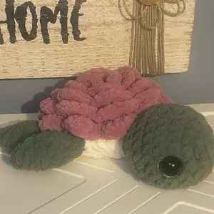 Stuffed Rose Turtle Pink Rose Shell Handmade Crochet Decorative Accessory Green Sparkle Eyes Perfect for Home or Office Decor