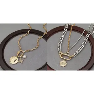 Women's gold stacked necklace set, 2-piece mixed metal necklace set, including gold and silver chain necklaces, decorated with evil eye, star and spike pendant, chunky chain necklace, fashionable stacked pendant jewelry, birthday gift.