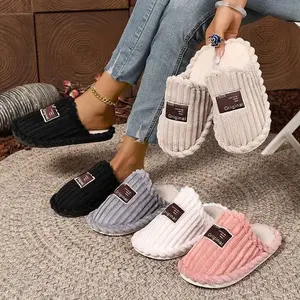 Lady's thick-soled warm and soft indoor-outdoor floor slippers made of plush fabric, suitable for postpartum recovery.