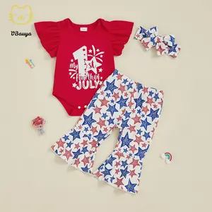 My First 4th Of July Baby Girl Outfit Newborn Short Sleeve Romper Bell Bottoms Pants Fourth Of July Clothes