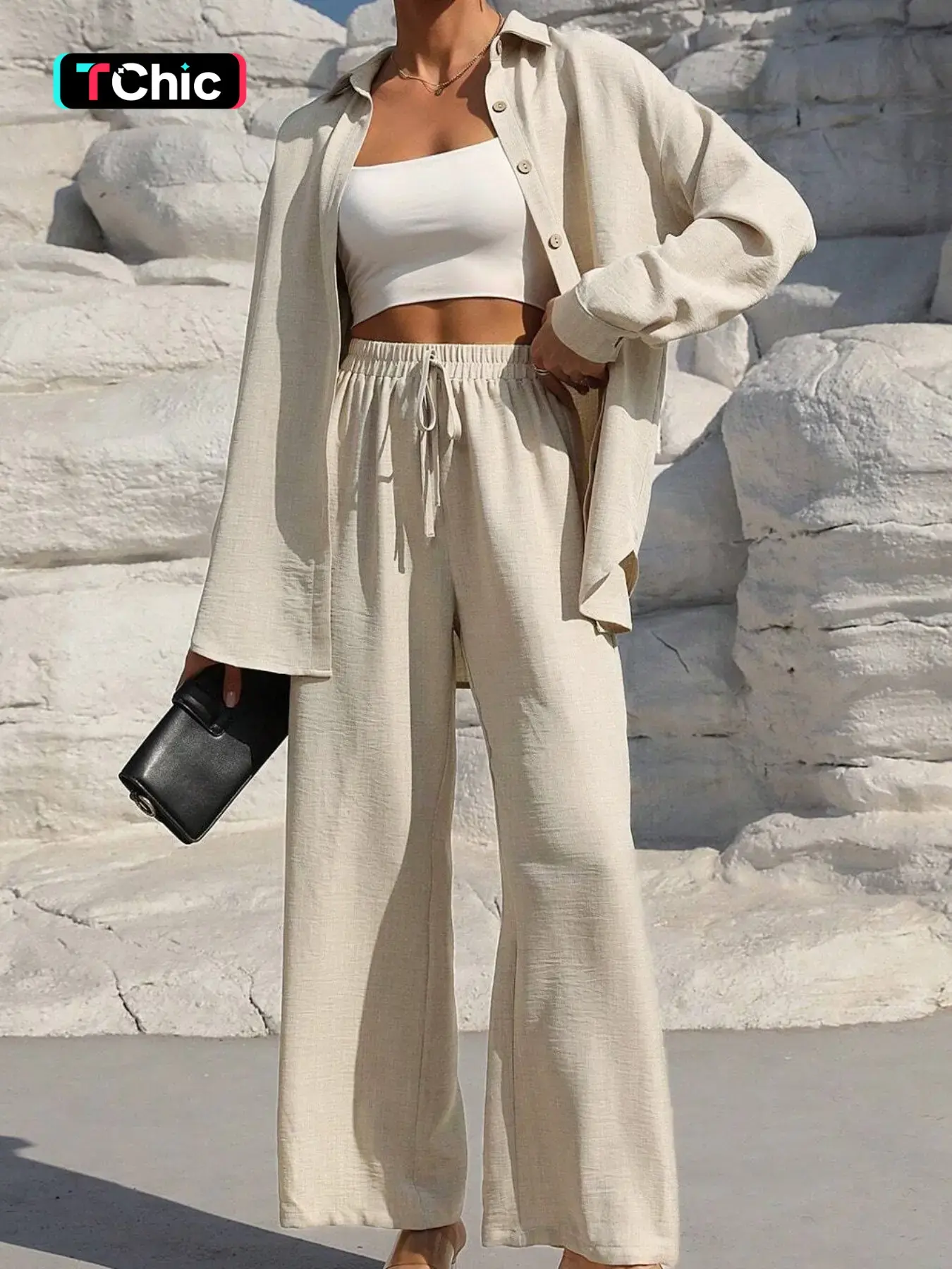 Two-Piece Set Women's Solid Button Front Shirt & Drawstring Waist Wide Leg Pants, Aesthetic Casual Fit Drop Shoulder Long Sleeve Top & High Waist Trousers, Ladies Clothes for Everyday Wear