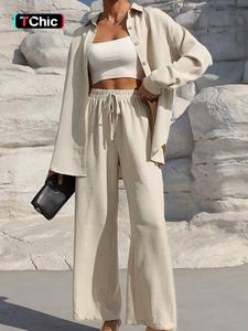 women's solid button front shirt & drawstring waist wide leg pants set, lady loose fit casual drop shoulder top & high waist trousers for spring & fall, chic baggy sets for women 2 piece, going out 2 piece set, suits, womenswear, clothes everyday