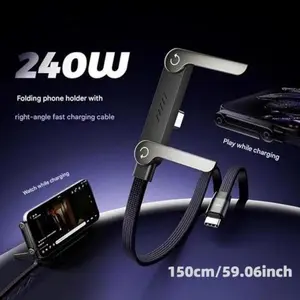 Invisible Stand Type-C Charger Cable, 240W Super Fast Charging 2-in-1 Charging Cord Phone Holder for Gaming, Office, Car Travel Black Smartphone