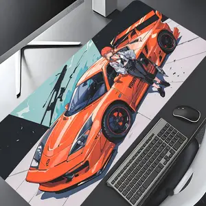 Fashion Orange Car Anime Girl Design Large Gaming Mouse Pad, Cool Street Racing Desktop Drotection Pad,Washable Rubber Pad Non-Slip Lock Edge Multi-Size Mouse Pad Suitable For Home Office,Good Gift for Family and friends