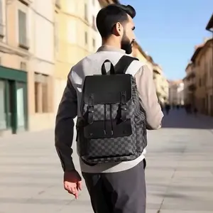 Checkered Backpack PU Leather Laptop Travel Bag Waterproof Black