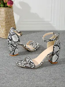 Women's Fashionable Snake Skin Print Block Heel Sandals, Elegant Peep Toe High Heel Sandals for Party, Daily Clothing Decor for Women & Girls, Footwear, Shoe