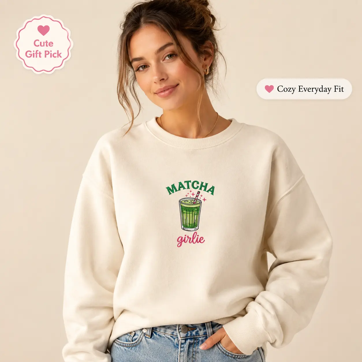 Matcha Girlie Embroidered Crewneck, Coquette Aesthetic Matcha Sweatshirt, Green Tea Lover Gift for Women, Soft Y2K Retro Pullover, Cute Embroidered Sweatshirt