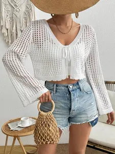 Women's Solid Hollow Out Sweater Cardigan, Casual Tie Front Long Sleeve Knit Cardigan for Summer, Fashion Women's Knitwear for Daily Wear, Tops