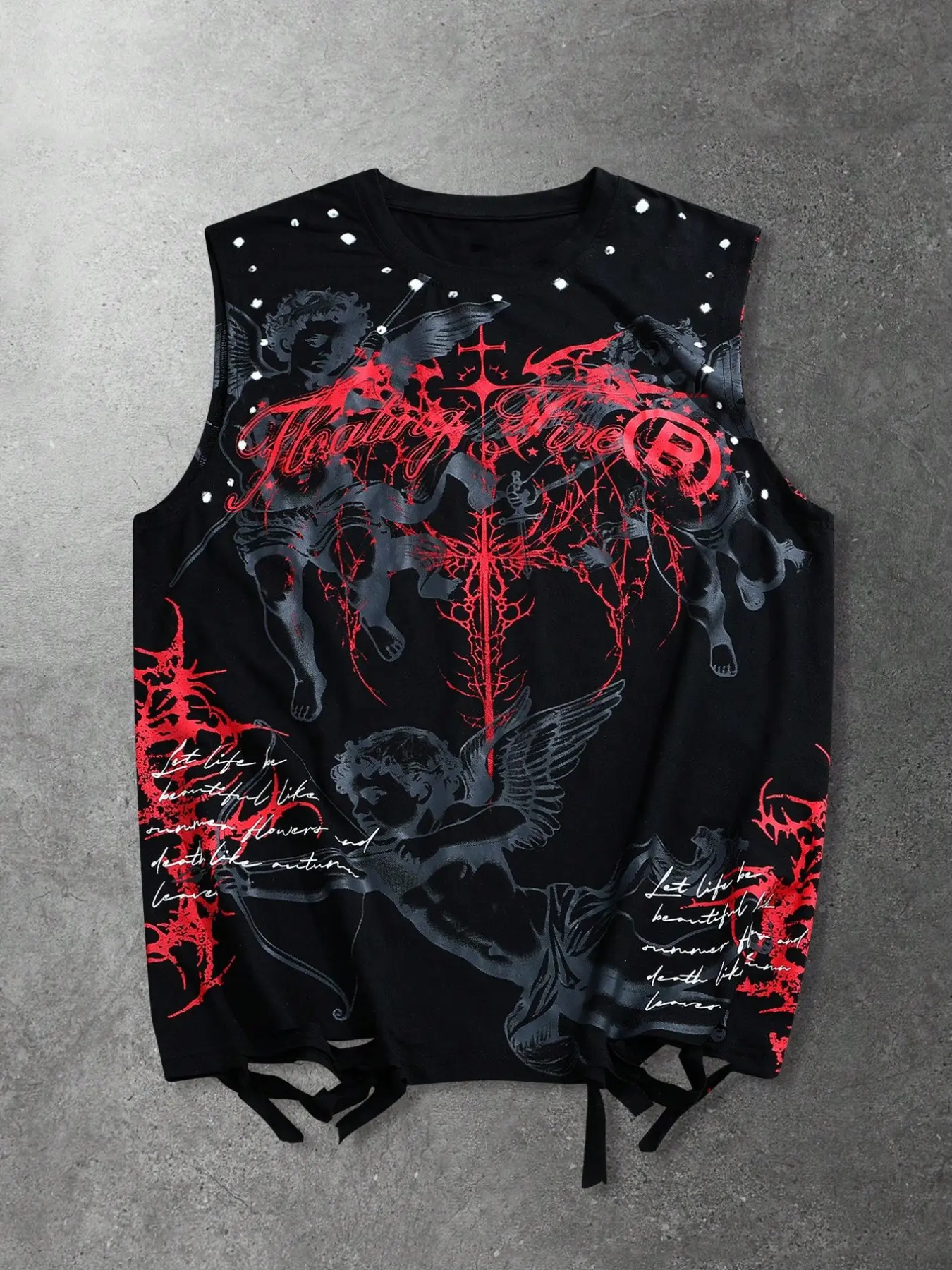 Men's Gothic Cross Angel Graphic Print Oversized Vest, Streetwear Style, Distressed Rhinestone Tie Back, Sleeveless Casual Jacket, Dark Aesthetic Fashion Top
