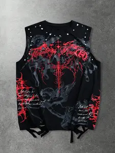 Men's Gothic Cross Print Round Neck Vest, Streetwear Style, Distressed Rhinestone Tie Back, Sleeveless Casual Jacket, Dark Aesthetic Fashion Top, Graphic Menswear