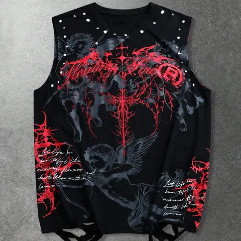 Men's Gothic Cross Angel Graphic Print Oversized, Streetwear Style, Distressed Rhinestone Tie Back, Sleeveless Casual Jacket, Dark Aesthetic Fashion Top, Loose Fitting Vest