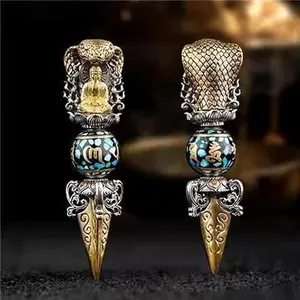 925 Sterling Silver Tibetan Phurba Vajra Pendant Necklace for Men Spinning Mantra Bead Amulet Lucky Feng Shui Talisman Gothic Punk Jewelry Gift for Him