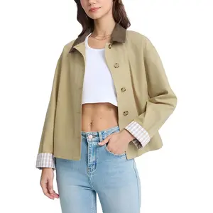 D-Sun Cropped Jacket Contrast Collar Barn Coat Utility Short Trench Coat Button Front Casual Lined Outwear with Pockets