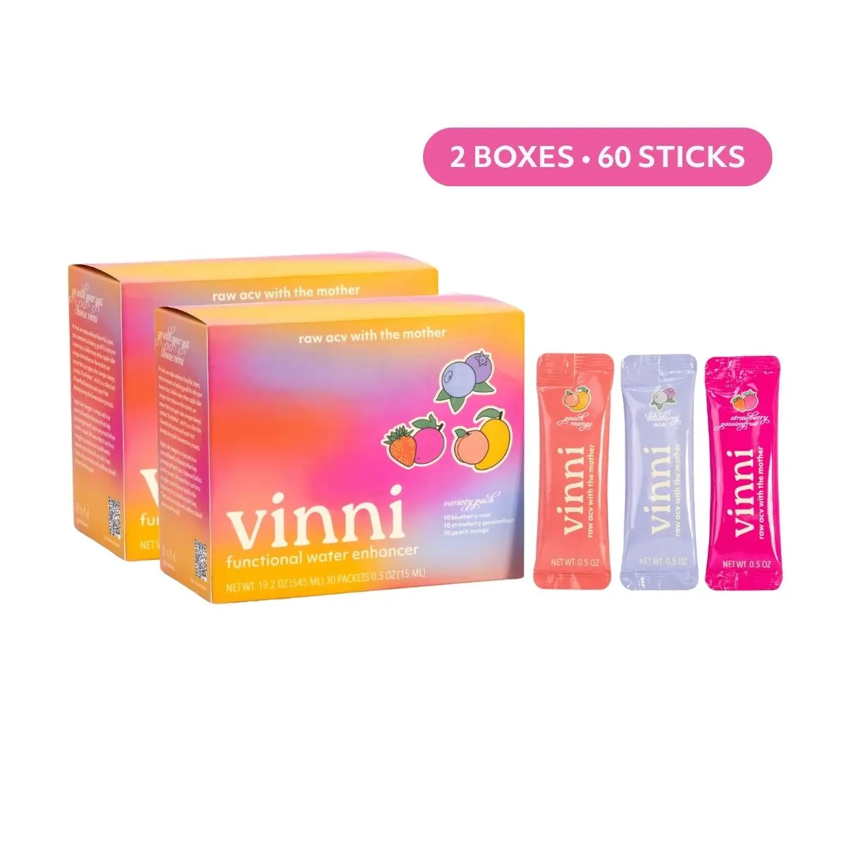 Vinni Apple Cider Vinegar 2-Pack Bundle, Variety Pack of 60 Individual Liquid Stick Packs