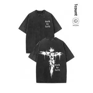 Unisex 100% Cotton Cross & Faith Over Fear Slogan Print Washed Distressed Short Sleeve Tee, Regular Fit Vintage Trendy Casual Round Neck T-shirt for Daily Wear Menswear