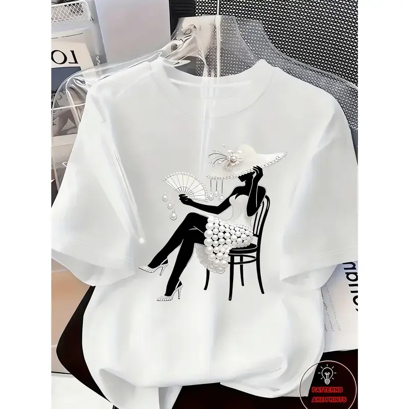 Women's Elegant Graphic Print Pearl-Crystal Embellished Short-Sleeve Round Neck T-Shirt, Light Soft Breathable Fabric, Comfortable Everyday Spring Summer Daily Wear Basic Tee