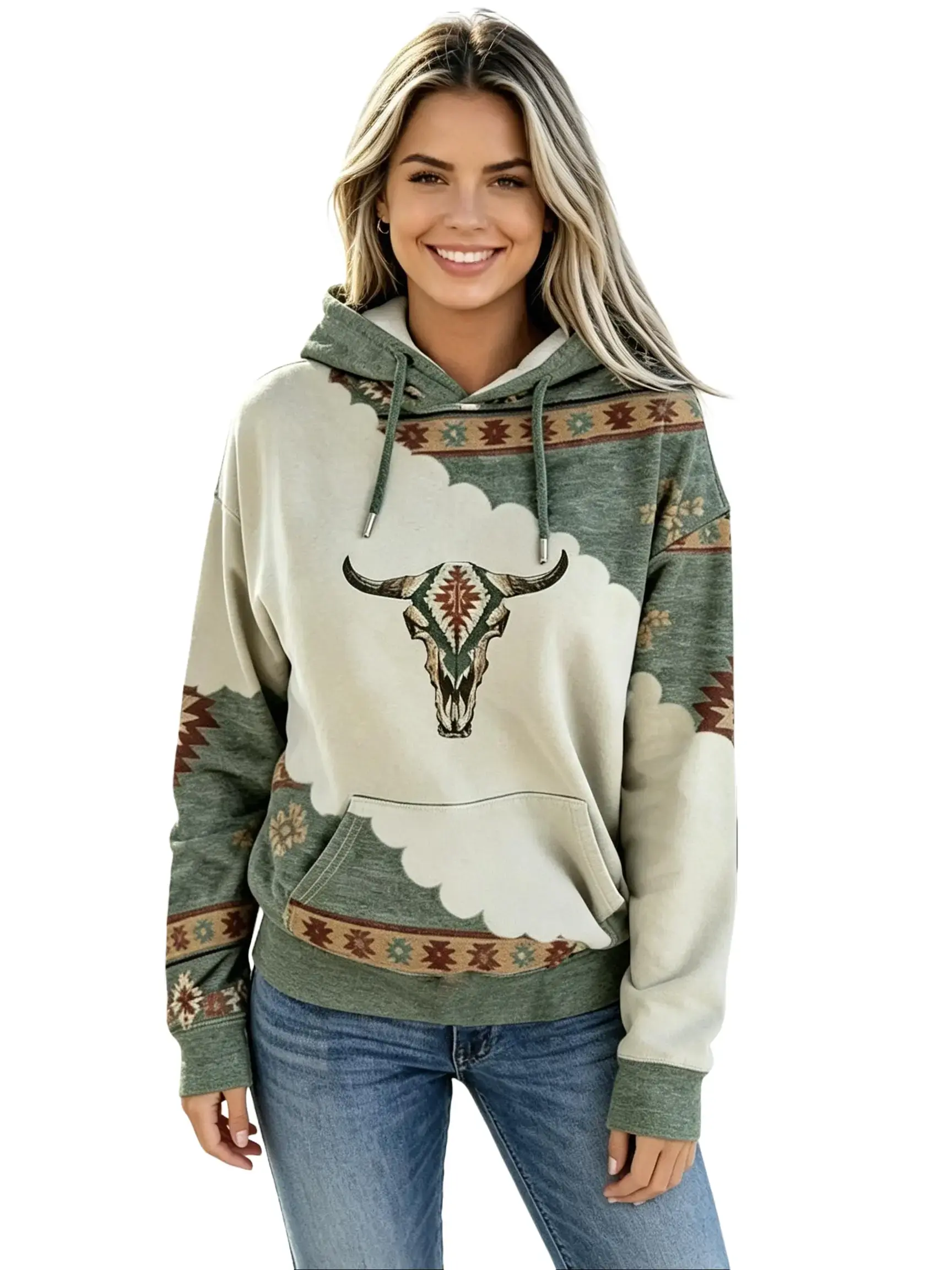Women's Vintage Hoodies Western Boho Style Pullover Hoodie,Retro Ethnic Highland Bull Head Graphic Hoodie Long Sleeve Sweaters,Mock Neck Sweatshirt for Women Fall Tops
