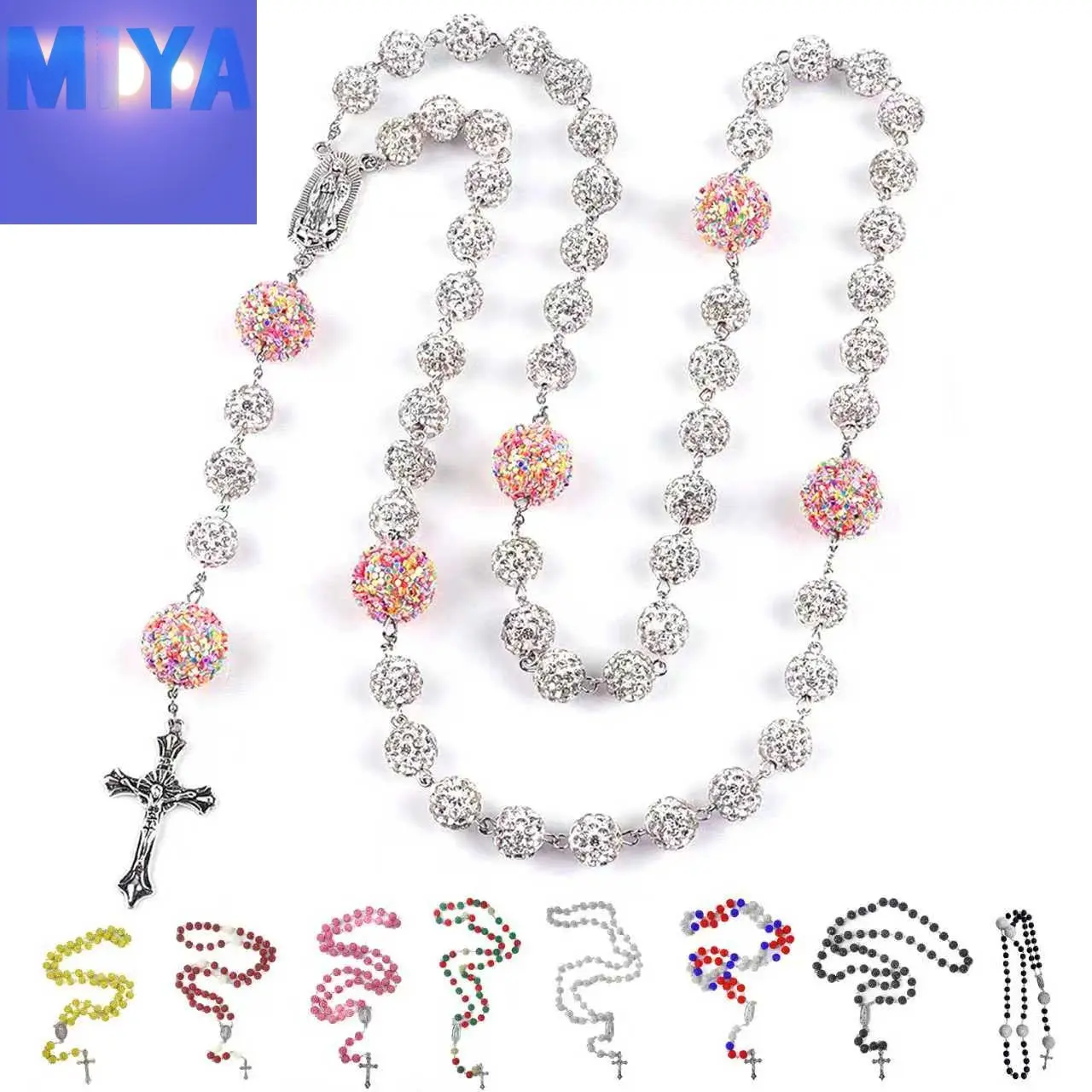 Vibrant Multicolor Rosary Crucifix Necklace for Women, Religious PU Leather Jewelry Accessory with Pendant, Christmas Easter Gift, Cross Necklaces, Same Day Shipping, Quick Delivery