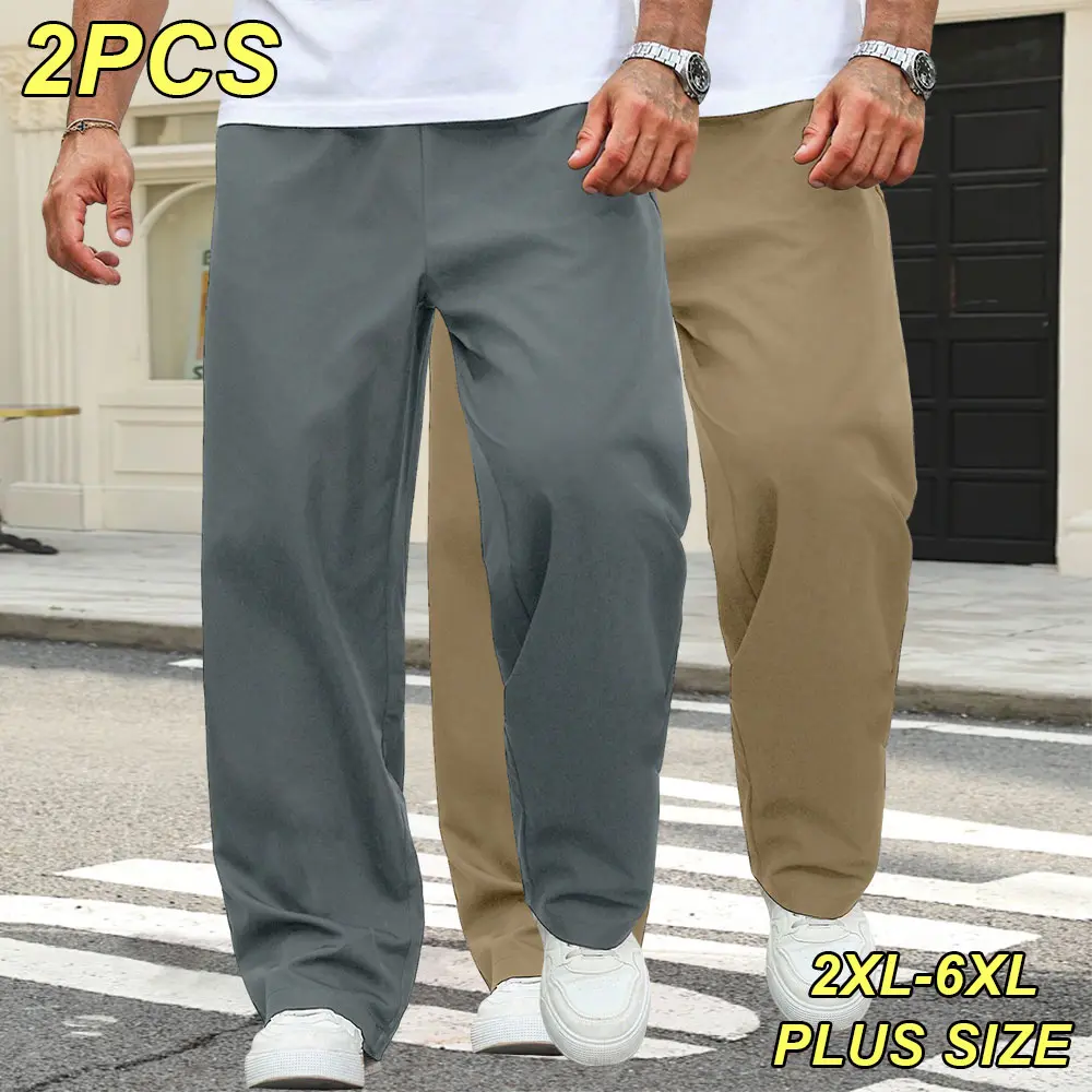 2XL–6XL Plus Size Men’s Loose Straight Casual Pants, Full Drapey Wide-Leg Fit, Solid Color Minimalist Style, Versatile for Home Lounging, Daily Commuting, and Casual Sports
