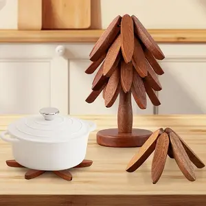 "Natural Tree Trivet Set - 4 Wooden Trivets &1Stand - Heat-Resistant Foldable Design -Durable & High-Quality Solid Wood - Ideal forHot Dishes, Pots, Bowls, Teapots - Kitchenware& Tableware Coasters "