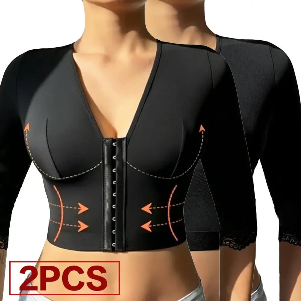 Women's 2-Pack Comfortable V-Neck Body Shaper, 3/4 Sleeve Arm Compression Top with Adjustable Front Hook for Everyday Activewear, Athletic, Arm Shaping Shapewear Tops