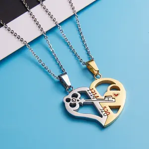 Couple’s 2PC Stainless Steel Broken Heart Key Locket Pendant Necklace