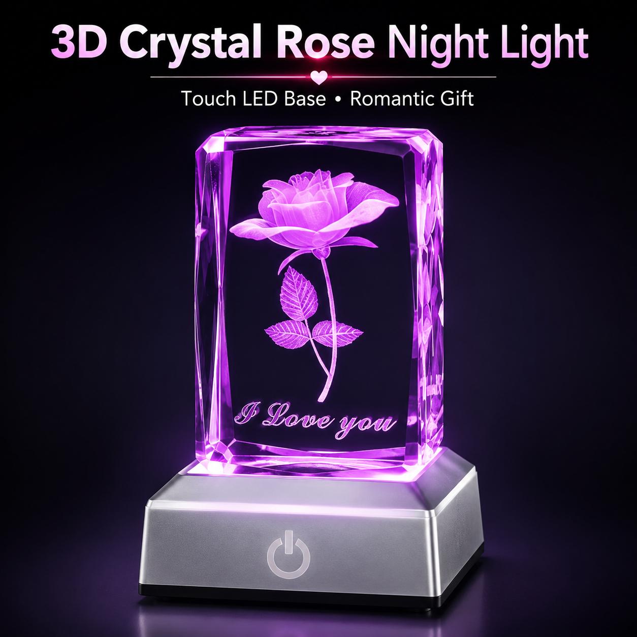 3D Laser Engraved Crystal Rose Custom Night Light with Touch LED Silver Base, Elegant Indoor Decorative Light, Bedroom Desk Decoration, Birthday/Valentine’s Day Gift for Home Improvement Lighting Accessories, Elegant Lighting, Led Ambient Lighting