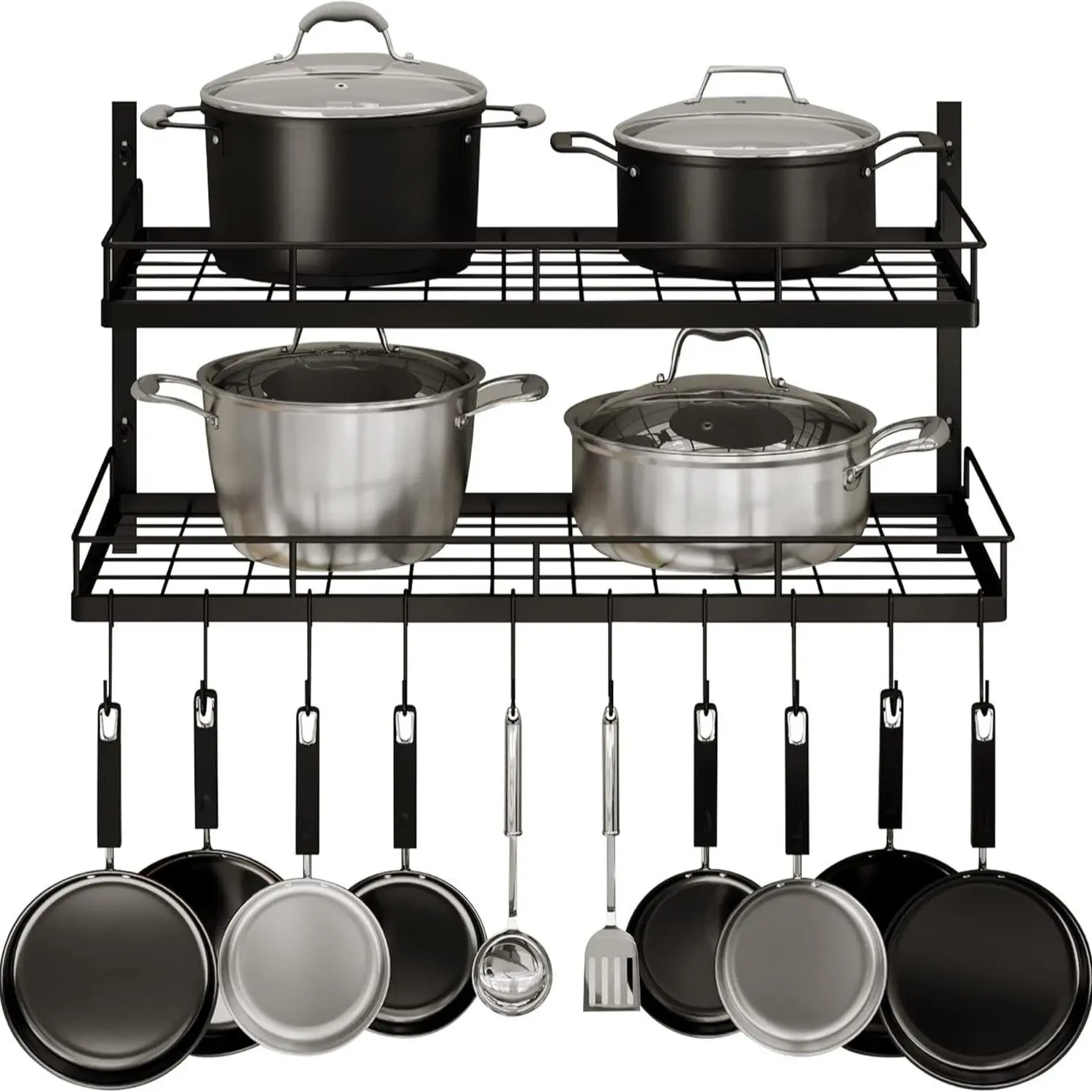 Black Metal 1/2-Tier Hangable Wall-Mounted Pot and Pan Hanger Rack with 8 Hooks - Pan Organizer, Sturdy Space-Saving Farmhouse Home Organizer, 2 DIY Methods, 2024 Cookware Utensils Storage, 25kg Capacity, Coffee Shop & Home Use, Birthday Gift Idea