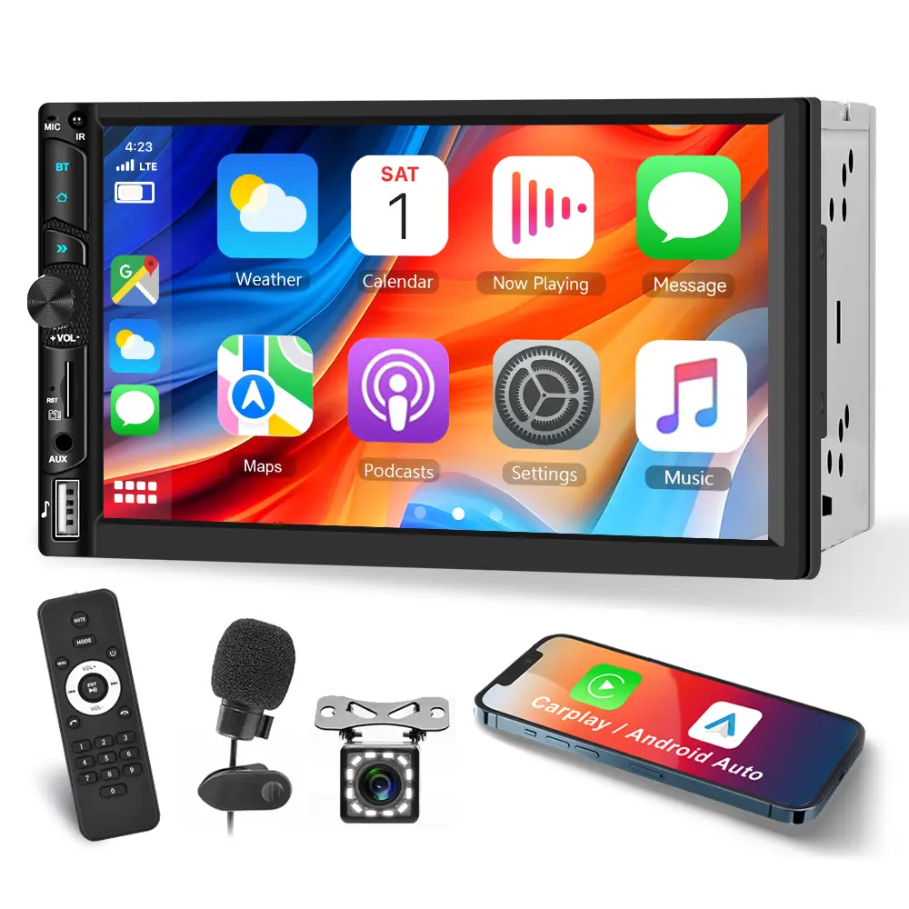 RIMOODY Double Din Car Audio Stereo - 7" Full HD IPS Touchscreen with Wireless CarPlay Adapter, CarPlay, Android Auto, Bluetooth 5.2, EQ, FM, SWC, Reversing Camera, USB/TF Ports, Remote Control, Universal 2 Din Radio Father's Day Gift, Spanish, Russian