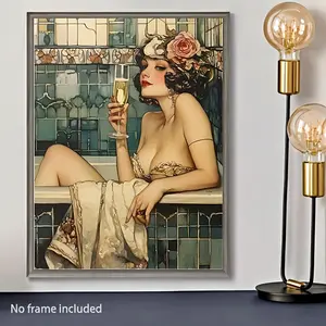 Room Decor 1pc Art Deco Frameless Canvas Print, 30.48x40.64 cm, 1920s Elegant Lady with Champagne in Bathtub Poster, Bathroom Mural, Unique Creative Wall Art for Living Room, Bedroom, Office, Restaurant, Bar Decor, Waterproof, Perfect Gift and Decoration