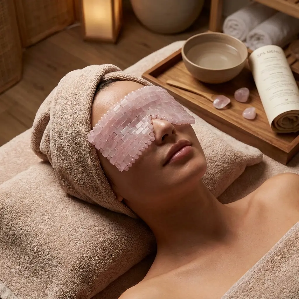 Natural Rose Quartz Eye Mask for Depuffing and Dark Circles, Cooling Crystal Face Mask Cold Compress Therapy for Puffy Eyes Fatigue Relief, Handwoven Gemstone Beauty Sleep Mask in Pink Gift Box