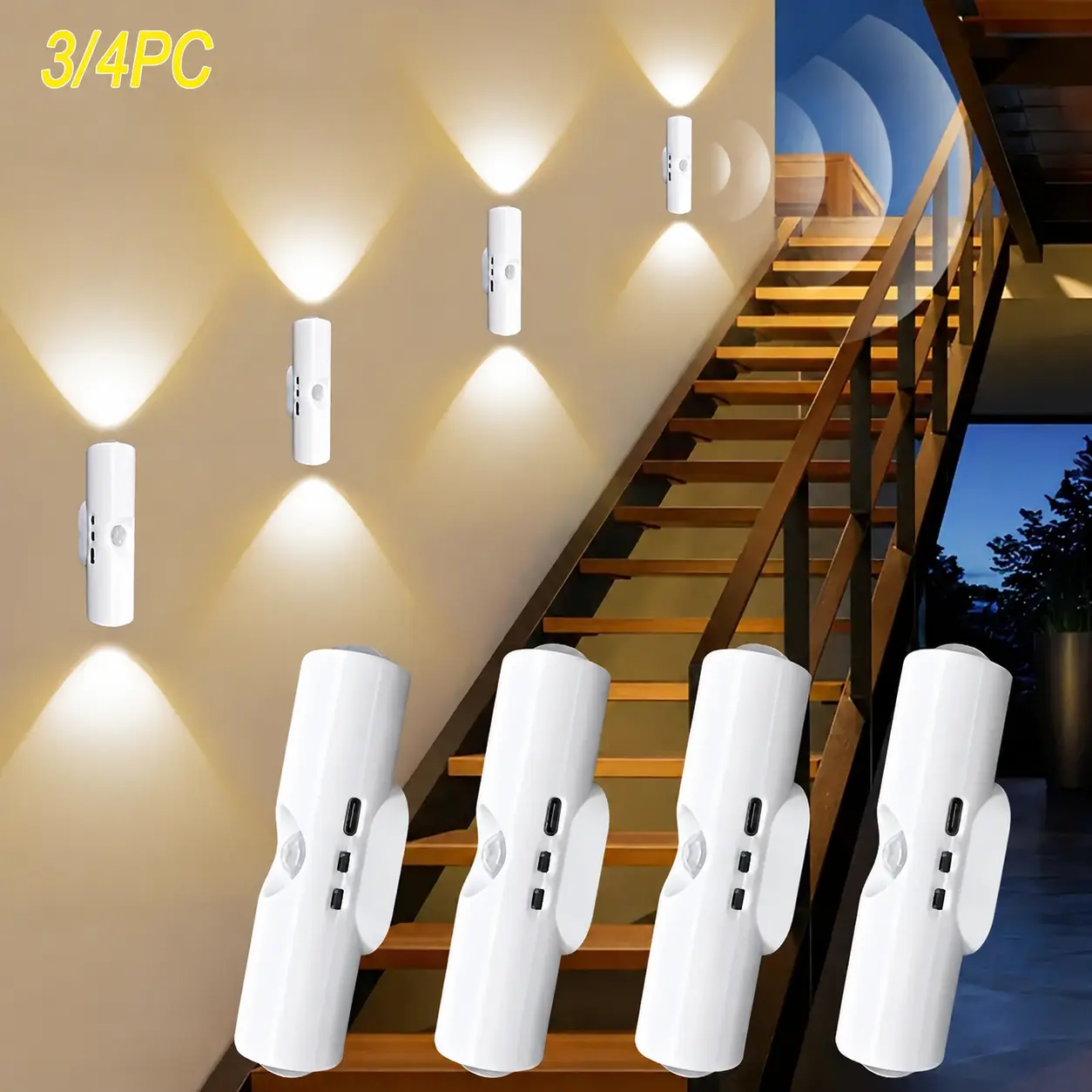 3/4pcs RGB Motion Sensor Light ,Magnetic USB Rechargeable LED Light,Adjustable Smart Wall Light, Long Battery Life,Perfect for Bedroom,Living Room, Stairs,Hallway & Halloween Decor