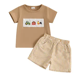 Toddler Baby Boy Summer Outfit Animal Embroidery Round Neck Short Sleeve Top Stripe Shorts Casual 2pcs Set Summer Clothes