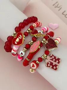 Valentine's Day Handmade Soft Clay Bracelet Set, Elastic Beaded Heart Pendant Jewelry Gift, Perfect for Couples & Romantic Gifts