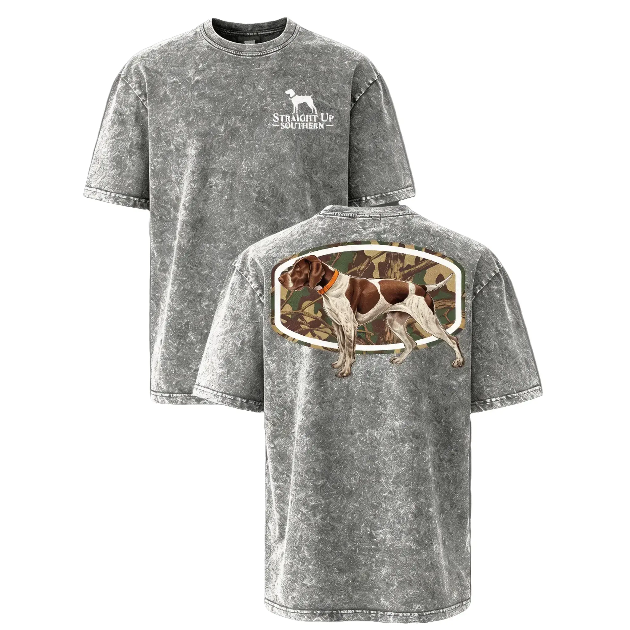 Straight Up Southern Camo Bird Hunting Dog T-Shirt – Vintage Washed Graphic Tee, Outdoor Casual Shirt for Men, Gift for Southern Outdoors & Pointer Dog Lovers