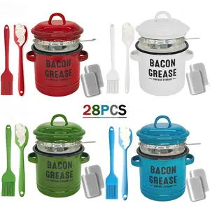 【TikTokShopHolidayHaul】28PCS  Bacon Grease Container Set with Strainer & Silicone Spatula, Large Enamel Rustic Farmhouse Fat Keeper, Fine Mesh Strainer for Clean Grease Filtration & Kitchen Utensils – Festive Holiday Must-Have & Perfect Gift