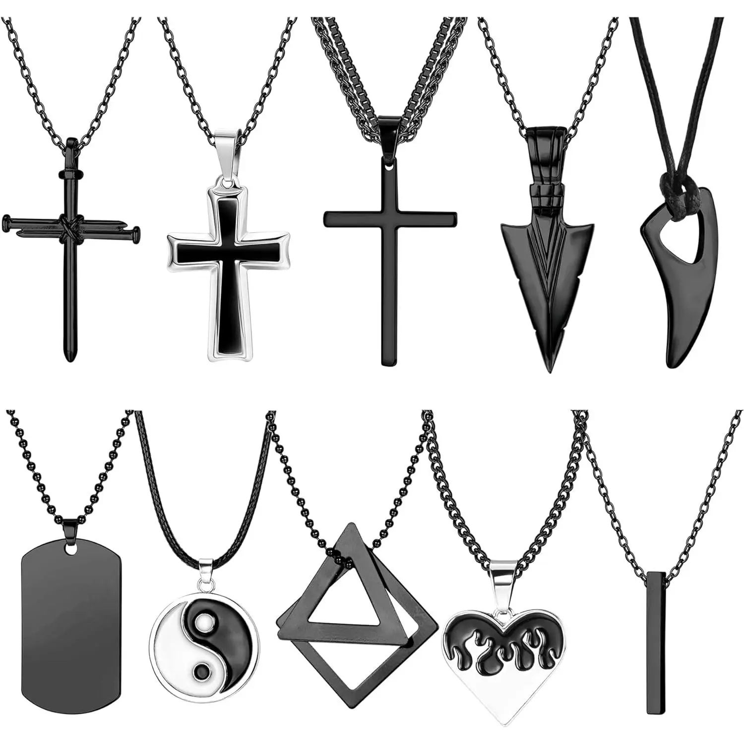 FLORIDECO 10 Pcs Stainless Steel Necklace for Men Black Dog Tags Bar Nail Pendant Spearpoint Arrowhead Viking Cross Chain Set Cool Men Jewelry 22 Inch
