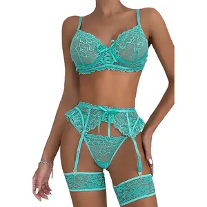 Lingerie for Women 3 Piece Lingerie Set with Garter Belt Bra and Panty Sets Sexy Lace Bodydoll Teddy Lingerie-