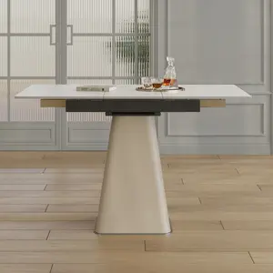 Retractable Rock Slab Folding Dining Table, Modern Square Expandable Table with Leather-Wrapped Stainless Steel Base, Dual-Purpose Space Saving Kitchen Table for Small Apartments